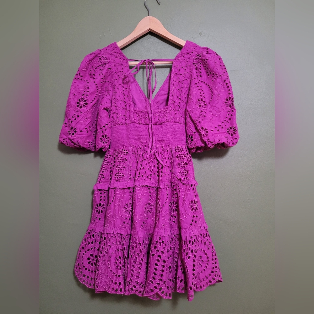 Cynthia Rowley Magenta Eyelet Puff Sleeve Dress - Size 2 - Picture 3 of 5